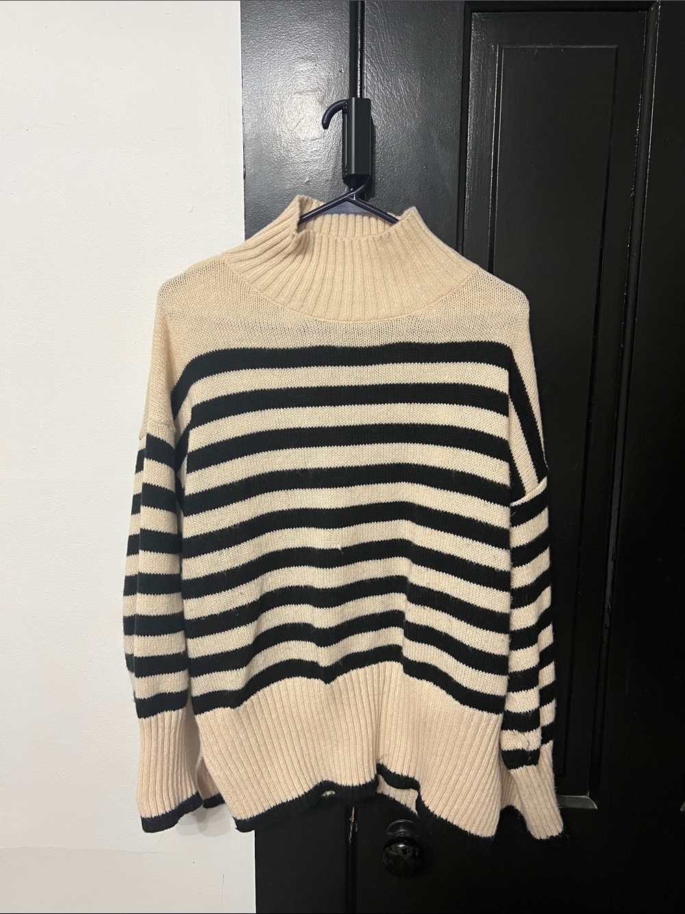 Pink Lily Striped Cowl Neck Sweater - Cream and Black